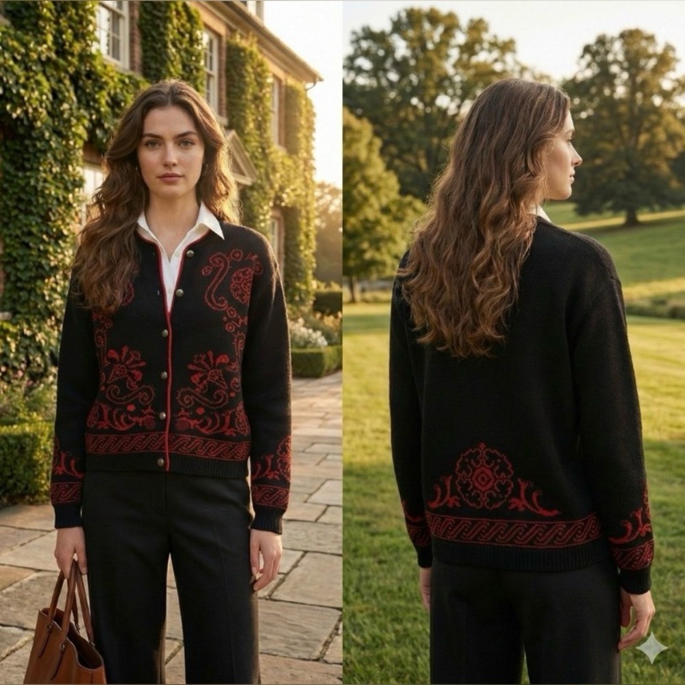 Vintage 70s Pendleton Nordic Red and Black 100% Pure Virgin Wool Cardigan Medium